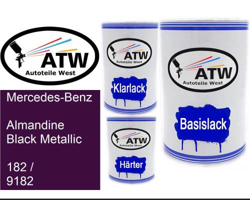 Mercedes-Benz, Almandine Black Metallic, 182 / 9182: 500ml Lackdose + 500ml Klarlack + 250ml Härter - Set, von ATW Autoteile West.